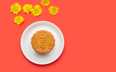 Traditional Mooncake On red background