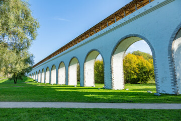 Historical aqueduct of the 18th century made of white stone in Rostokino. Moscow, Russia