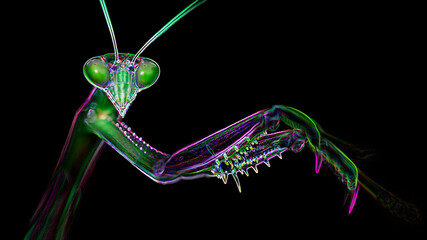 macro photo portrait of a multicolored praying mantis. Gracious insect with giant faceted eyes and strong claws for hunting. neon light effect, black background. Thailand - 381367152