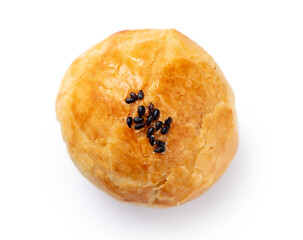 Delicious yolk pastry moon cake for Mid-Autumn Festival food isolated on white background.