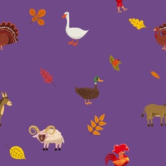 Seamless autumn pattern with farm animal ram, goose, duck