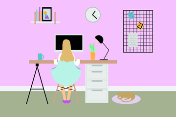 Home education, work at home, self-isolation. Modern cozy workplace with a wooden table, laptop, Desk lamp, bookshelf, folders, plants, clock, etc. Vector illustration.