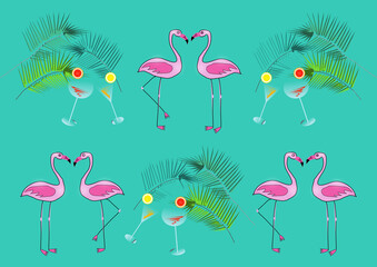 Creative hand drawn pink flamingos, colorful cocktails with orange and lemon slice, green palm leaves behind, alternately, cartoon style, emerald colored background, design for wrapping paper, textile