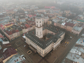 Aerial view of the city hall in historical old district of Lviv, Ukraine