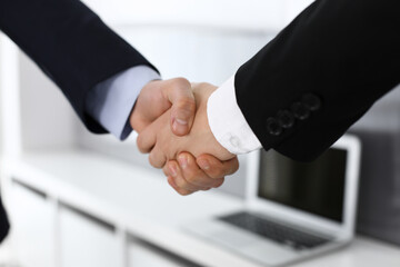 Businessman and woman shaking hands in office. Concept of handshake as success symbol in business