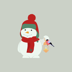Vector illustration of a snowman with a lantern and a bullfinch o