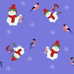 Seamless vector illustration with snowmen and bullfinches