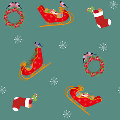 Seamless festive vector illustration with Santa Claus sled, christmas socks, bullfinches