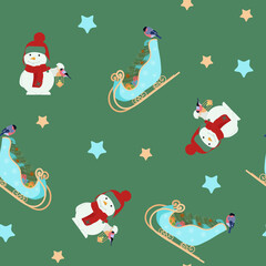 Seamless festive vector illustration with Santa Claus sled and snowman