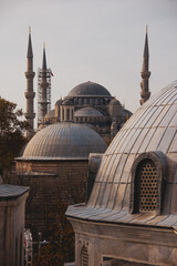 Blue Mosque or Sultan Ahmed Mosque viewed trough the window of Hagia Sophia in Istanbul, Turkey