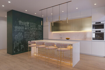 3D illustration of a kitchen with cooking island. Kitchen interior design in a modern style. Modern kitchen design ideas 2020