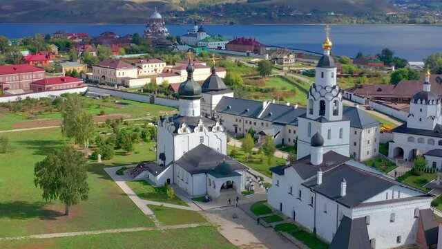 Aerial view of the island town of Sviyazhsk. Flight over Sviyazhsk town located on the island in Volga river in Russia