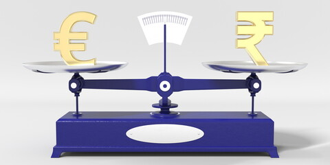 Euro symbol weighs the same as Rupee sign on balance scales. Financial market conceptual 3d rendering