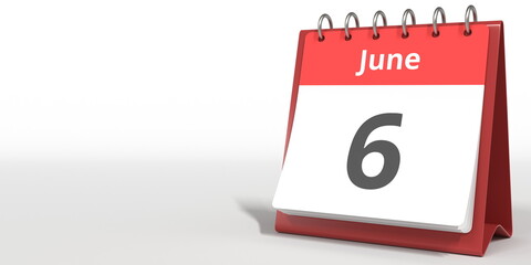 June 6 date on the flip calendar page, 3d rendering