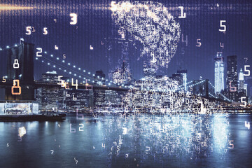 Naklejka premium Double exposure of technology theme hologram and cityscape background. Concept of Hightech.