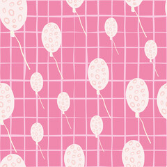 Simple random balloons shapes seamless doodle pattern. White birthday ornament on pink chequered background.