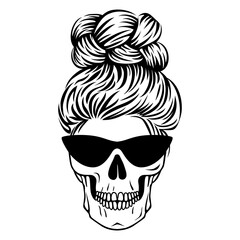 Mom life skull. Female skull with glasses with hair. Boho print in outline style. Vector Messy bun.