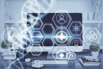 Desktop computer background and DNA drawing. Double exposure. Science concept.