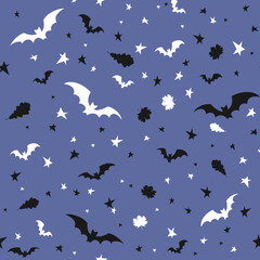 Halloween seamless pattern with black and white bats on blue background. Endless background, wallpaper, wrapping, packaging, texture, paper. Vector illustration in flat style.