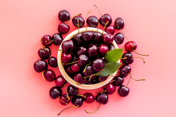 Ripe juicy cherries berries background. Overhead view, flat lay