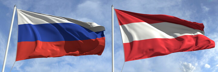 Waving flags of Russia and Austria on flagpoles, 3d rendering