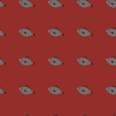 Grey little fish ornament seamless doodle pattern. Maroon background. Minimalistic ocean exotic backdrop.
