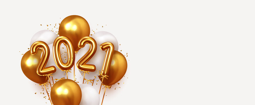 Happy New Year 2021. Realistic gold and white balloons. Background design metallic numbers date 2021 and helium ballon on ribbon, glitter bright confetti. Vector illustration. Easy to edit for 2022