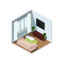 Isometric living room interior with furniture set.