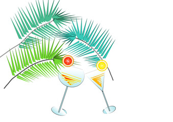 Tropical cocktails with orange and lemon slice, green palm leaves in the background, cartoon style, isolated, copy space