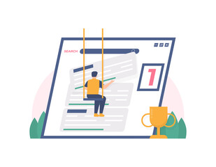 male illustration trying to climb his website to number one on search sites or search engines. the concept of seo optimization and digital marketing. flat design. design elements or assets