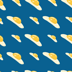 Seamless contrast pattern with omelette doodle silhouettes, Eggs elements on navy blue background. Breakfast meal print.