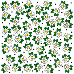 Pattern white chamomiles flowers and green leaves. Simple collage with geometric shapes (circle)