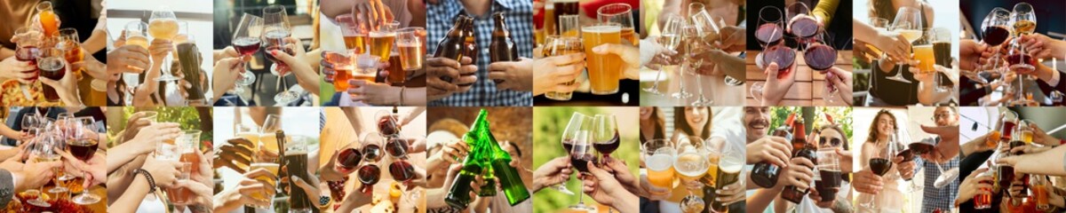 Collage of hands of young friends, colleagues during beer drinking, having fun, clinking bottles, glasses together. Collage design. Oktoberfest, friendship, togetherness, happiness, holidays concept - obrazy, fototapety, plakaty