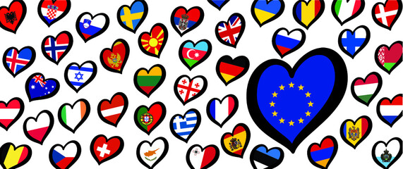 Europe Eurovision europe contest song 2021 Funny euro country map heart flag logo symbol Fun music festival icon Songfestival hearts countries Europe © MarkRademaker
