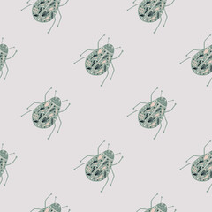 Pale diagonal seamless pattern with simple bugs shapes. Grey colored wildlife exotic backdrop. Insects sketch.