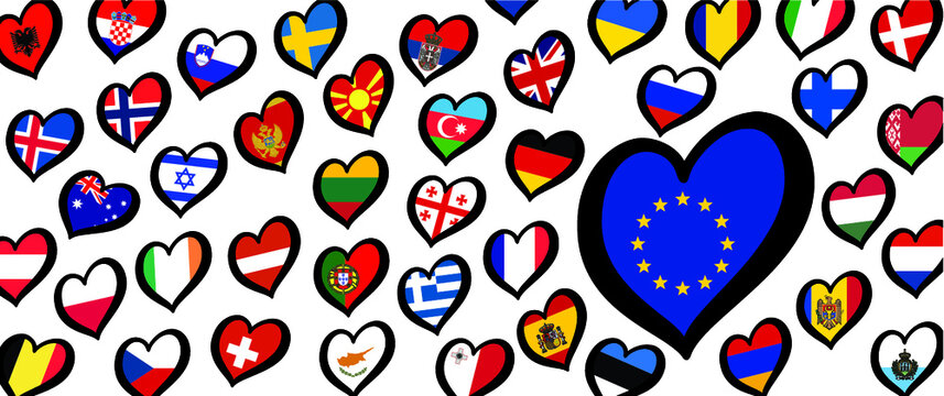 Europe Eurovision europe contest song 2021 Funny euro country map heart flag logo symbol Fun music festival icon Songfestival hearts countries Europe