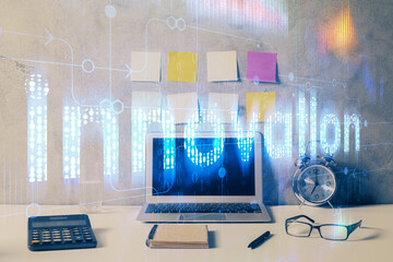 Multi exposure of table with computer on background and data theme drawing. Concept of innovation.