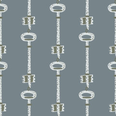 Graphic seamless pattern with doodle stylized vintage keys silhouettes. Light ornament on grey background.