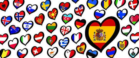 Spain, Eurovision europe contest song 2021 Funny euro country map heart flag logo symbol Fun music festival icon Songfestival hearts countries Europe