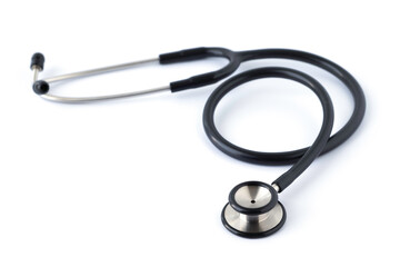 Close-up of Black stethoscope of doctor for checkup on white background. Stethoscope equipment of medical use to diagnose from hear sound. Health care and cardiology concept with copy space.