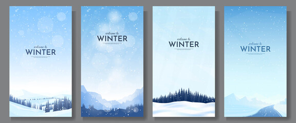 Vector illustration. Flat winter landscape. Snowy backgrounds. Snowdrifts. Snowfall. Clear blue sky. Blizzard. Design elements for card, invitation, social media stories, discount voucher, flyers.