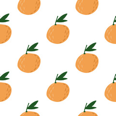 Isolated seamless food pattern with mandarins ornament. Simple orange fruit shapes with green leaves on white background.