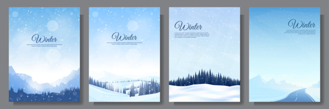 Vector illustration. Flat winter landscape. Snowy backgrounds. Snowdrifts. Snowfall. Clear blue sky. Blizzard. Snowy weather. Design elements for poster, book cover, brochure, magazine, flyer, booklet