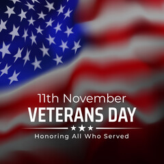 Happy veterans day banner, greeting card. American flag on white background. National holiday of the USA veterans day 11 November. Poster, typography design, vector illustration