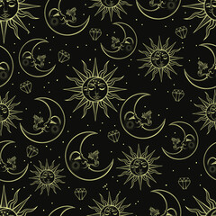 A vintage seamless pattern that consists of pictures of the sun, the moon and stars. Can be used for fabric design, paper design, background. Vector Isolated.