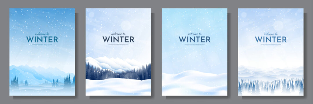Vector illustration. Flat winter landscape. Snowy backgrounds. Snowdrifts. Snowfall. Clear blue sky. Blizzard. Snowy weather. Design elements for poster, book cover, brochure, magazine, flyer, booklet