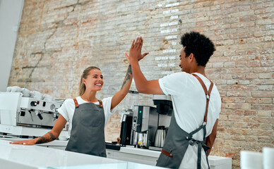 Caucasian female barista and African attractive male barista making high five gesture behind the...