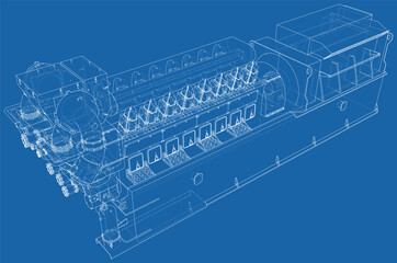 Diesel generator unit for factory. he layers of visible and invisible lines are separated. Wire-frame outline.