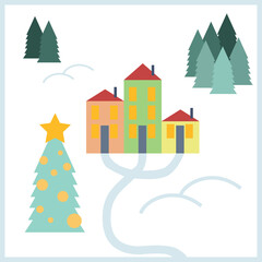 Fototapeta premium Christmas illustration - small houses and a Christmas tree in the forest. Natural fabulous landscape.