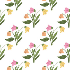 Isolated vintage flowers seamless pattern. Doodle simple botanic ornament in pink and yellow buds. White background.